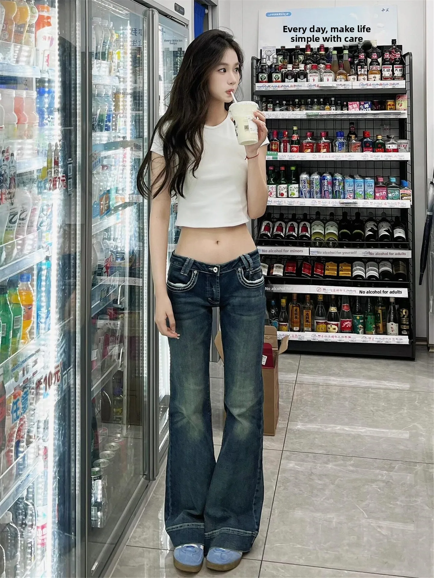 

American Vintage Street Style Hot Girl Jeans Women's Slimming Low Waist Extended Length Spring Fashion Casual Cotton Denim