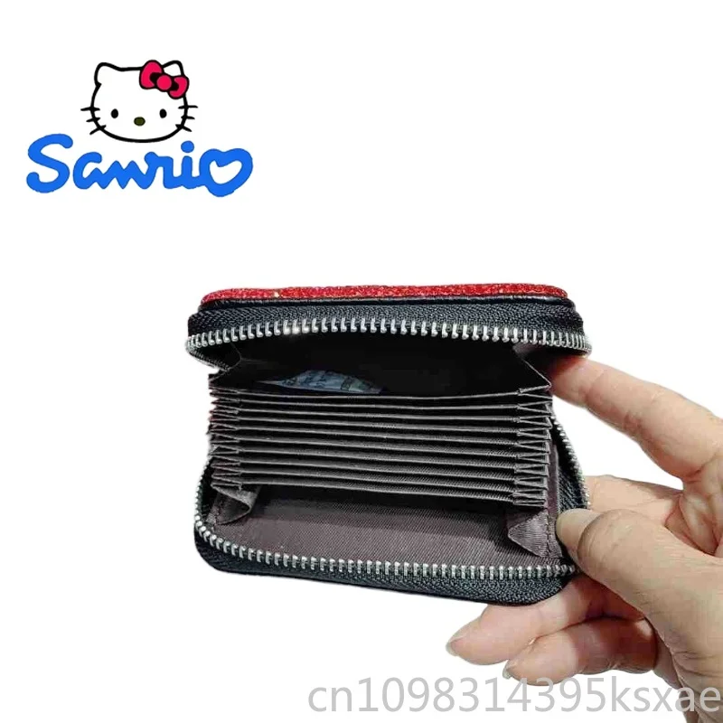 Hello Kitty Luxury Card Holder Genuine Leather Card Purse Handbag Women's Crystal Rhinestone Accordion Multi Slot Zipper Gift