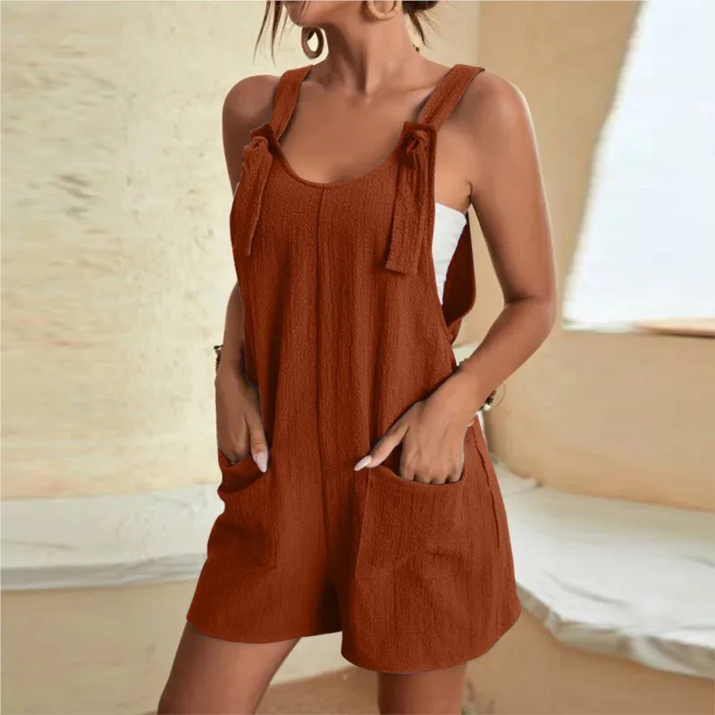 

Women's Fashionable Summer New Casual Camisole Shorts Jumpsuit Overalls Summer Solid Color Pocket Loose Jumpsuit Pants S-3XL