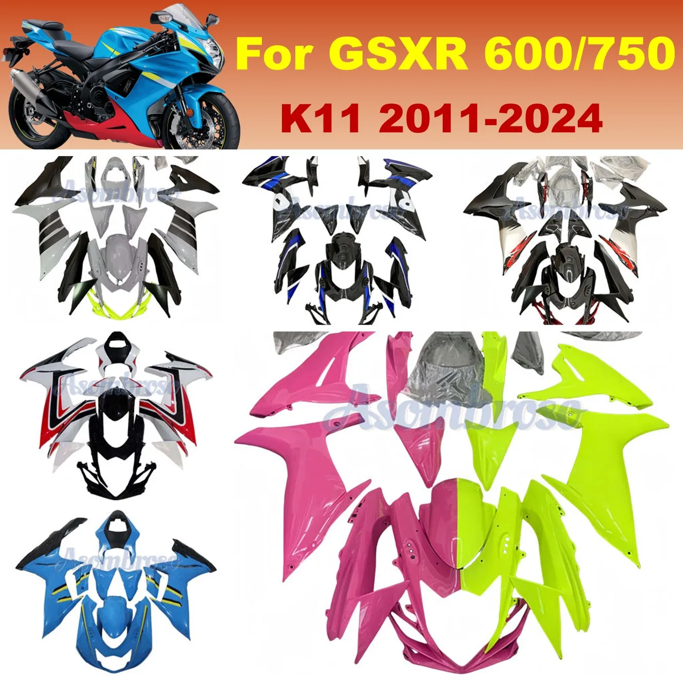 For GSXR600 2011 2024 12 13 14 15 16 17 18 19 20 21 22 2023 GSXR 600 750 Pink Fluorescent green Injection Fairing kit