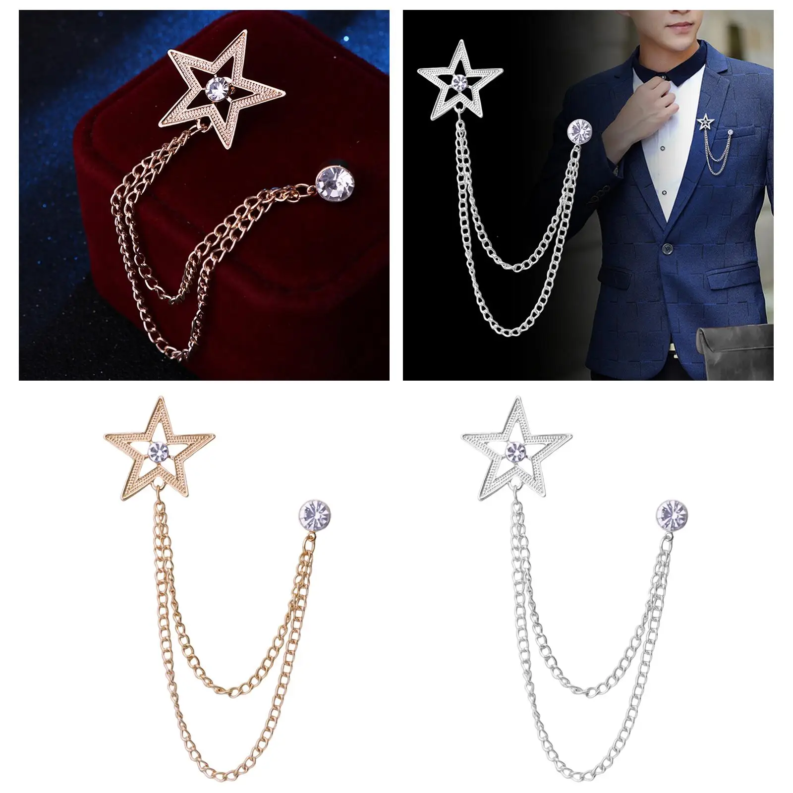 Heren pak ster broche reversspeld handgemaakte metalen ketting kwastje met strass