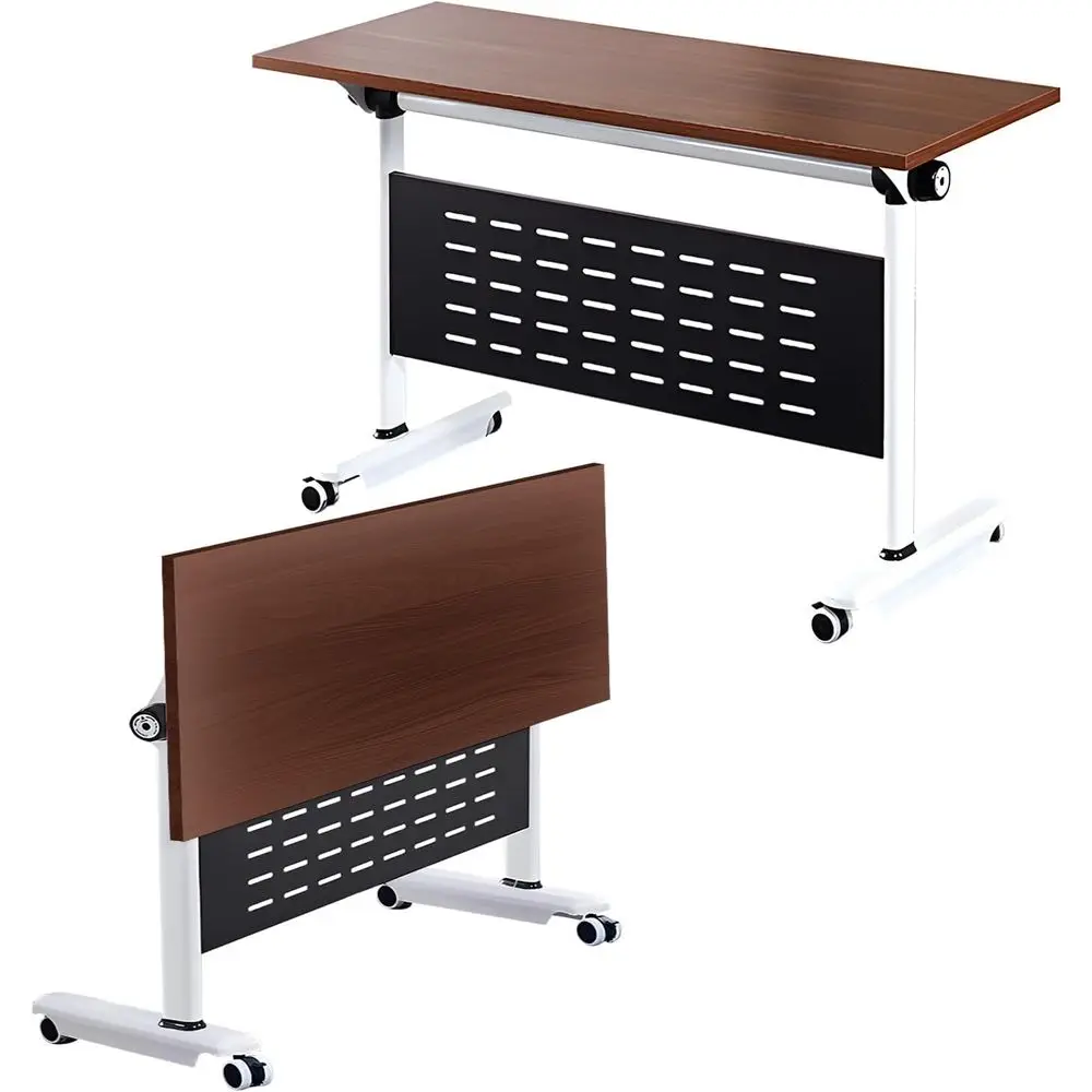 Adjustable Training Table with Wheels, Mobile Conference Desk, Spliced for Classroom Meetings, Brown, 63x24x30