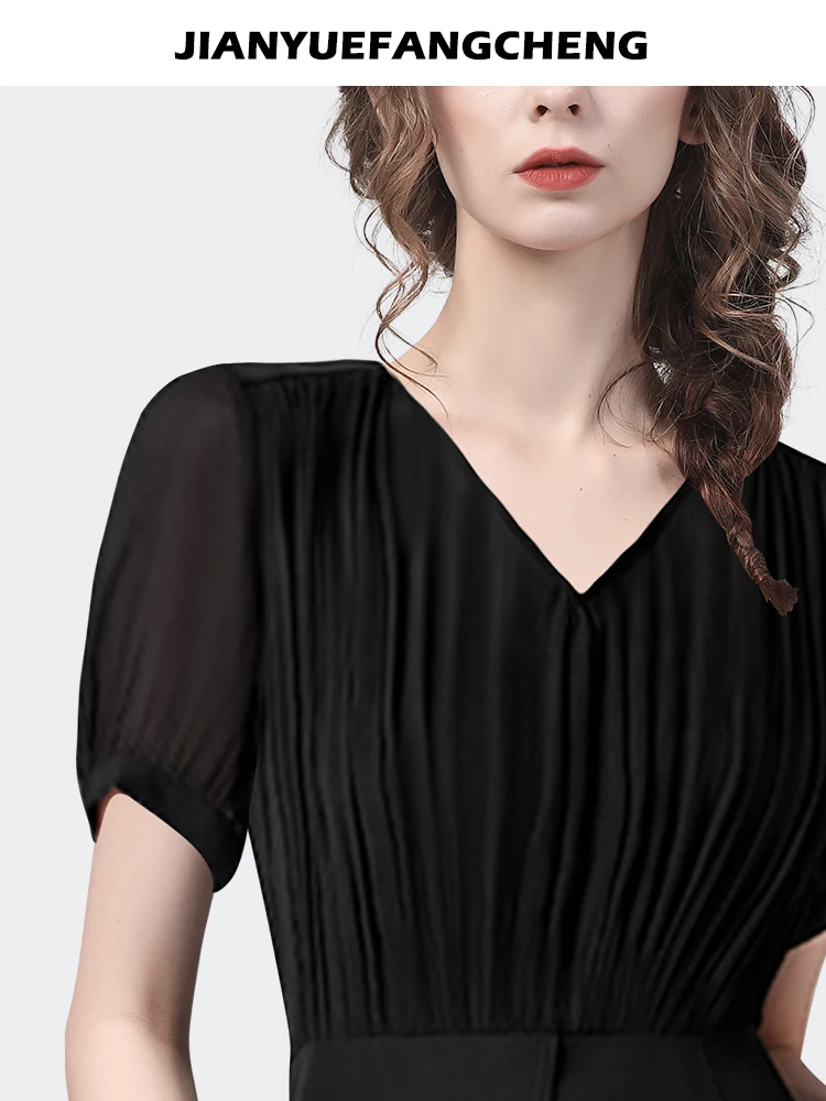 Fashion Pleates Decorated Black Short Sleeve Chiffon Blouse Women Summer Tops Elegant Slim V-neck Chich Waist Casual Shirts