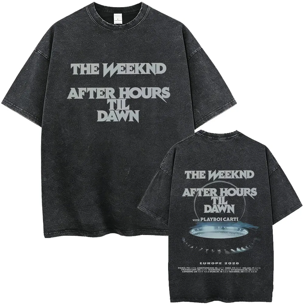 Rapper The Weeknd After Hours Til Dawn with Playboi Carti Tour 2026 Vintage Washed T Shirt Men Hip Hop Fashion Pop Music T-shirt