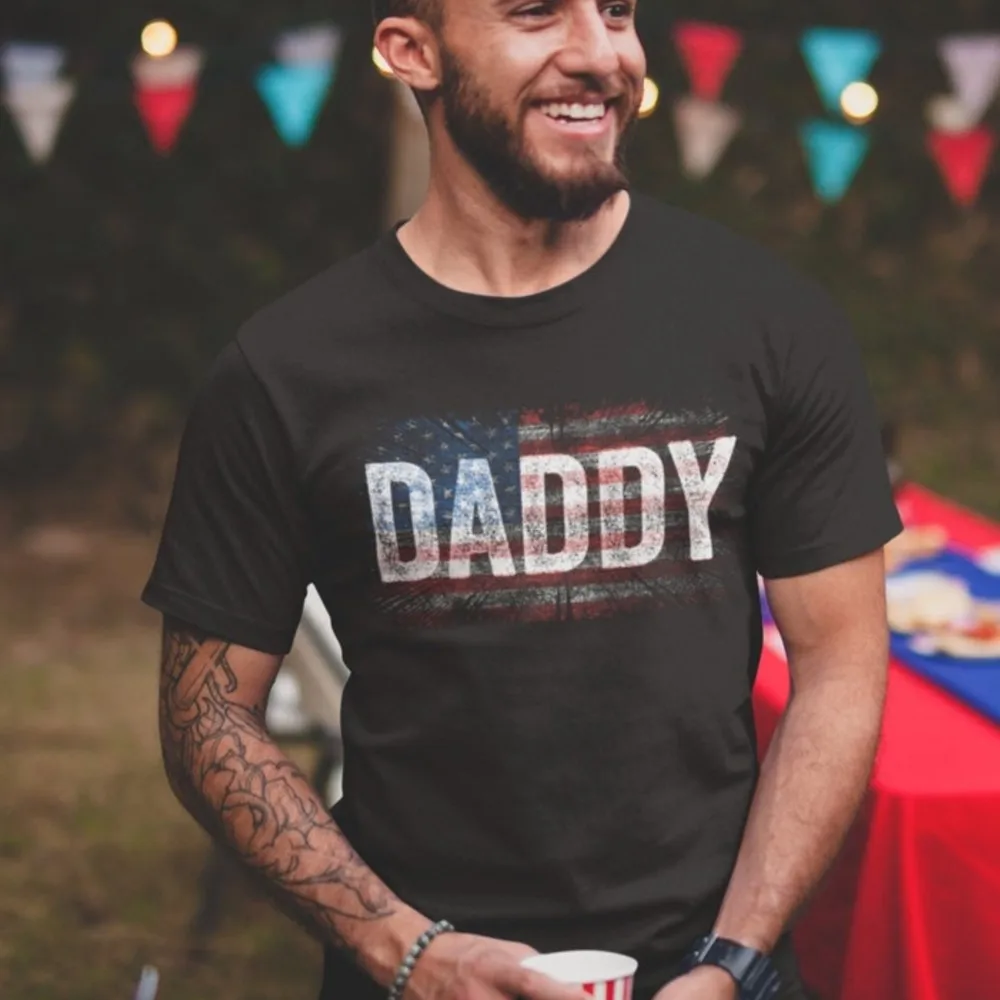 

Daddy USA Flag Patriotic Printed T Shirts Father's Day Gift Funny Shirt Male Round Neck Cotton Tops Graphic Tees