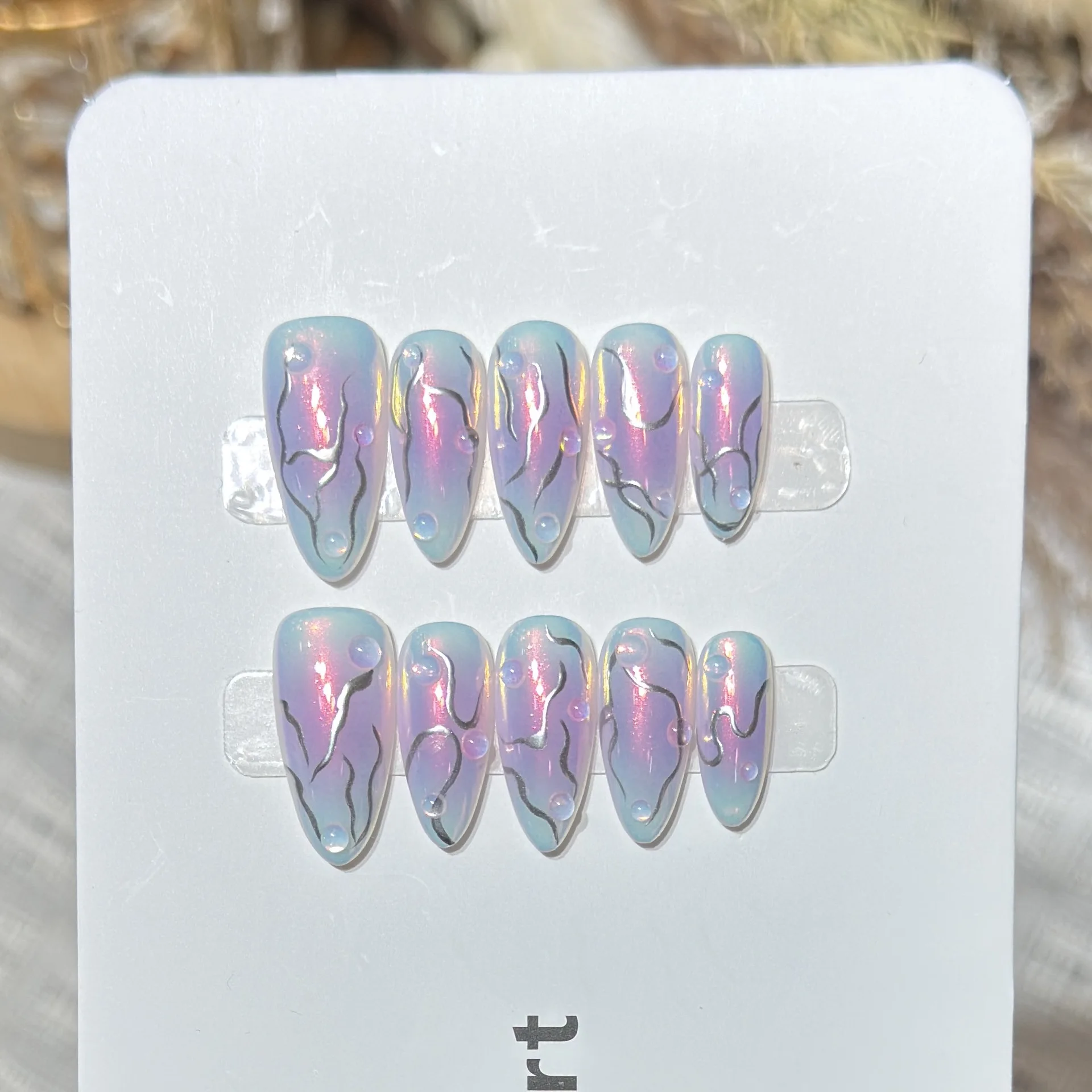 10pcs Handmade Almond Press On Nails Hand Drawn Lines Aurora Design Sweet Cool Fake Nails Wearable Nails For Spice Girls