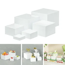 5Pcs/6Pcs Acrylic White Square Storage Box Toy Figurine Display Box Dessert Cake Box Nesting Risers for Cupcake Brunch Parties