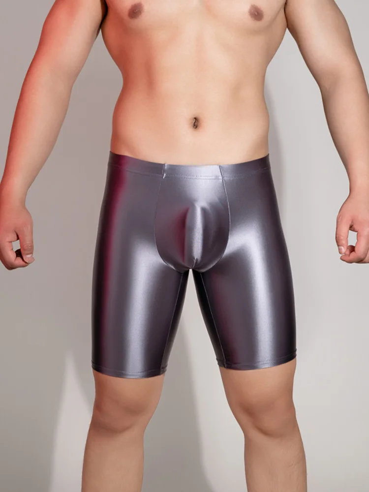 Sexy Men Satin Smooth Boxer Gym Leggings Elastic Short Oil Glossy Shiny Fitness Shorts Quick Dry Breathable Bottom Wear