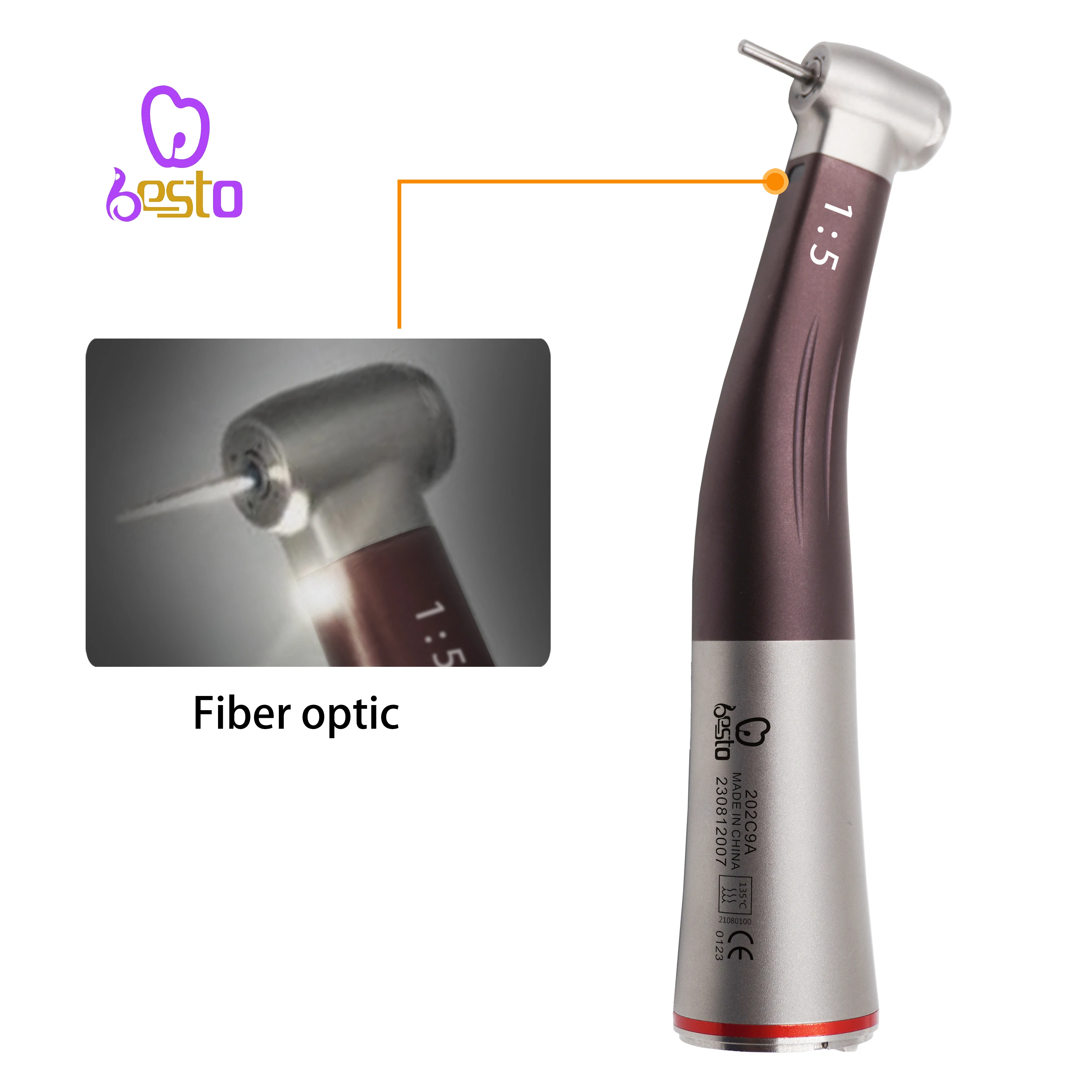 New Design Brown Color den tal Increase Contra Angle Handpiece 1:5 Fiber Optic Low Speed Contra Angle Fit E-type Electric Motor