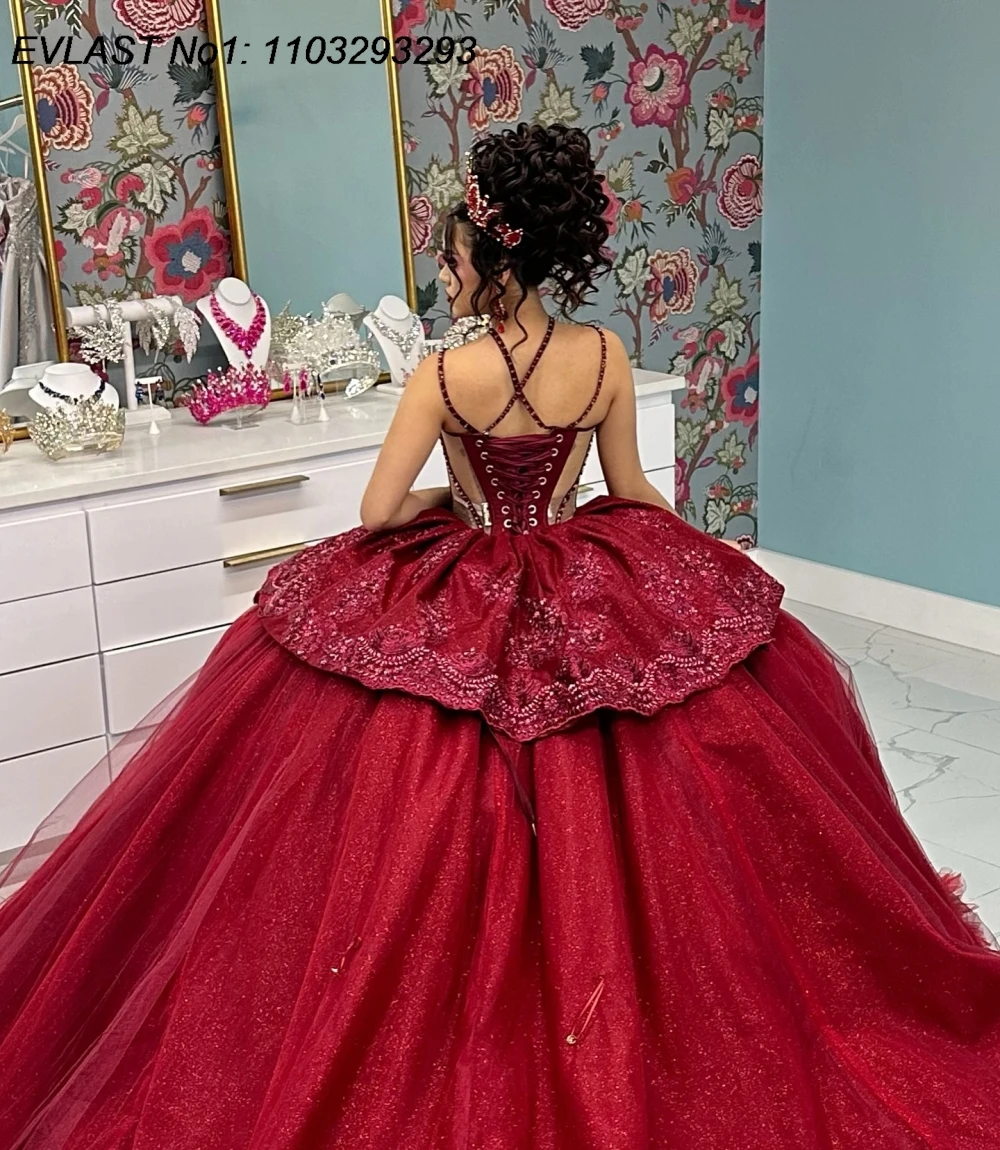 Evlast personalizado borgonha quinceanera vestido de baile brilhante renda applique miçangas em camadas doce 16 vestidos de 15 anos e1qn574