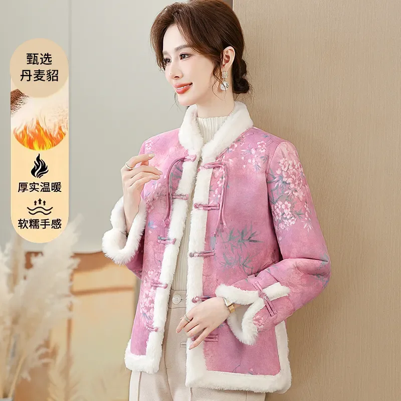 

Autumn Winter New Cotton Coat Outwear Women's National Loose Plus Velvet Parka Coat Chinese Retro Buckle Thicke Warm Cotton Coat