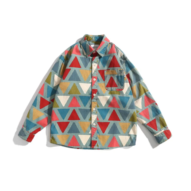 Men's high texture geometric pattern printed shirt, Japanese simple cotton long sleeve shirt jacket