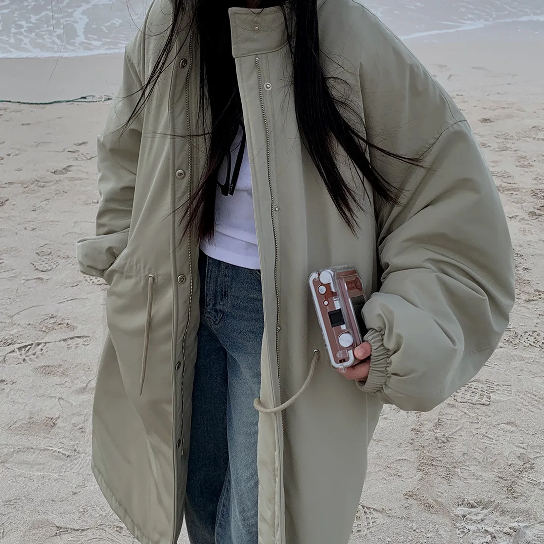 Women Parkas Long Coats Jackets Stand Collar Drawstring Coat Thick Warm Y2k Streetwear Jacket Work Outerwear Autumn Winter