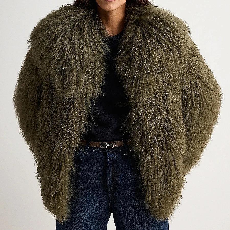 Real Fur Coat Women Natural Sheepskin Fur Coat Light Green Mongolian Lamb Jacket With Shawl Collar Winter Coats Woman Warm