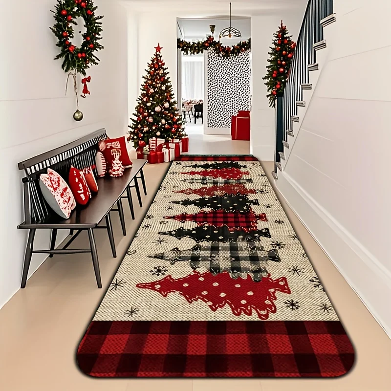 VIKAMA Farmhouse Xmas Hallway Runner Rug Buffalo Plaid Pine‑tree Snowflake Pattern Wear‑resistant Entryway Floor Carpet