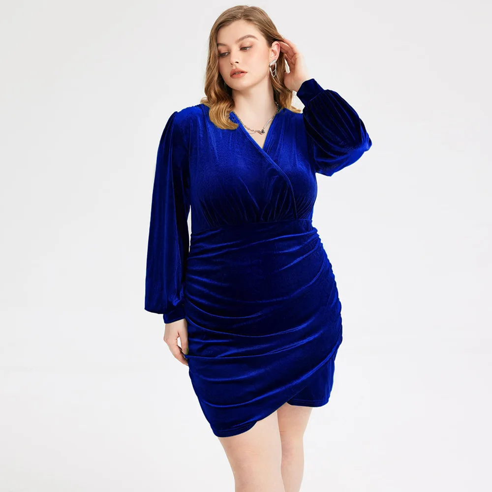 Plus Size damskie suknie wieczorowe z dekoltem w serek z elegancka, długa rękawem złota aksamitna sukienka modnym temperamentem damskie sukienki