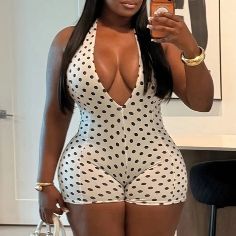 

OMSJ Summer Sweetheart Halter V-neck Playsuit Polka Dot Sleeveless Backless Skinny High Waist Casual Fashion New Jumpsuit Shorts