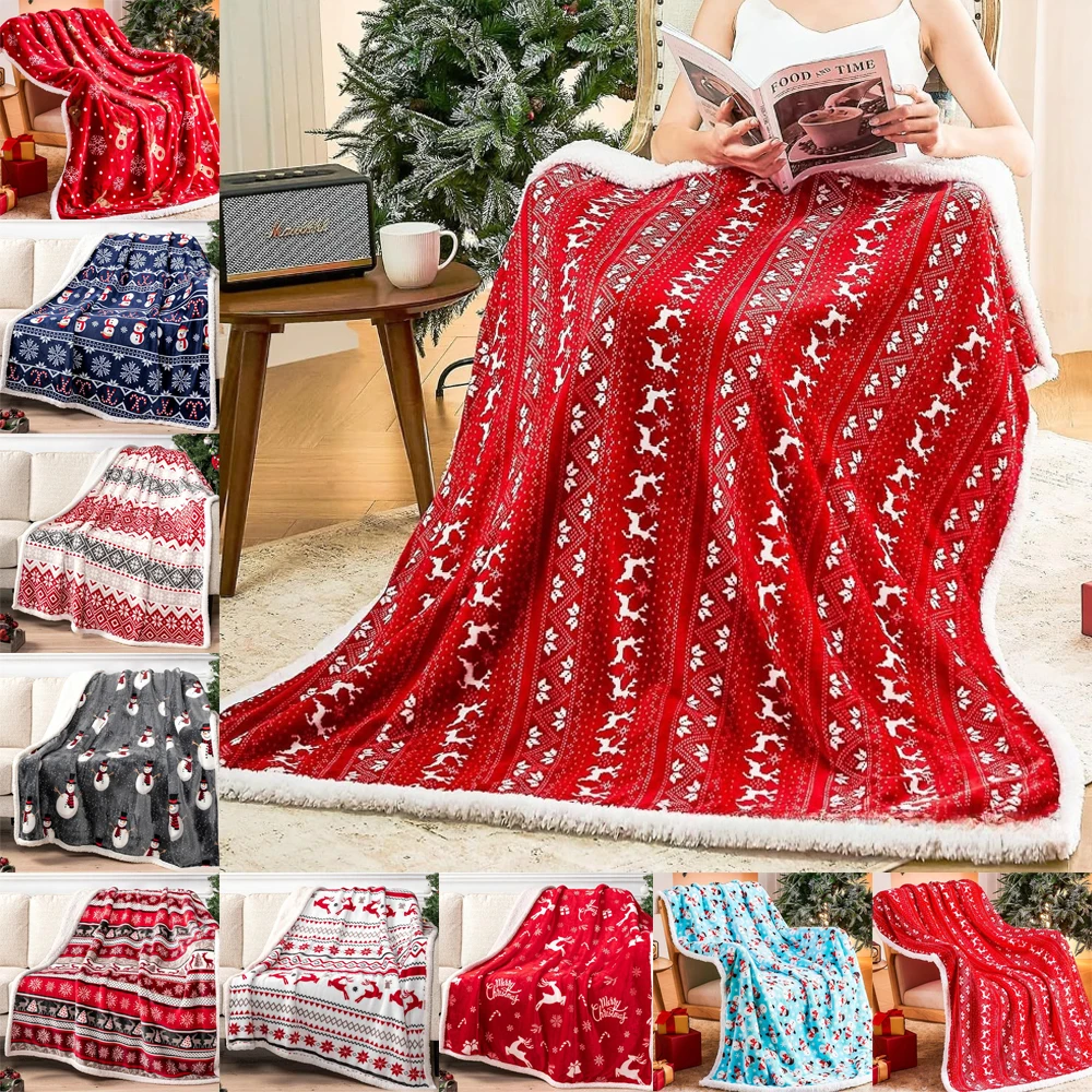 

1PC Christmas Reindeer Throw Blanket Double Layer Thicken Fluffy Soft,Warm,Fleece Flannel Santa Claus Snowman Blanket Home Gift