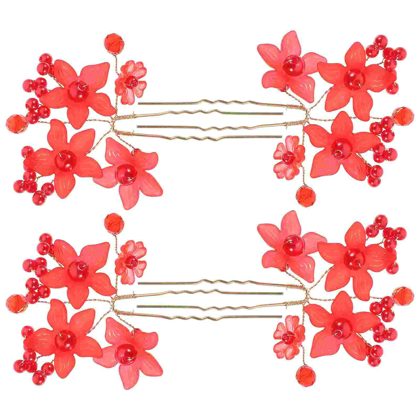 

4 Pcs Red Pearl Hair Plug Minimalist Accessories Girls Stick Flower Clips Headgear for Dates Chopsticks Acrylic Daily