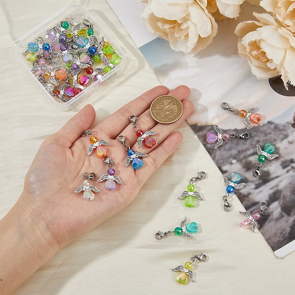 36Pcs 9 Colors Transparent Acrylic Angel Charm Decorations with 304 Stainless Steel Lobster Claw Clasps Mixed Color 33mm - view 3