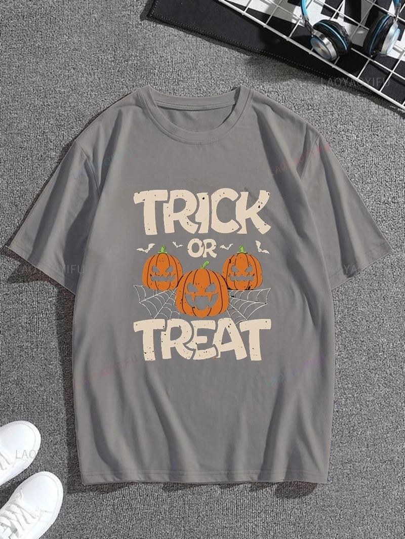 TRICK OR TREAT, Halloween Party Gift Men's Fashion Shirt, Everyday Casual Street Wear, 0-neck Short-sleeved Top Cotton T-shirt