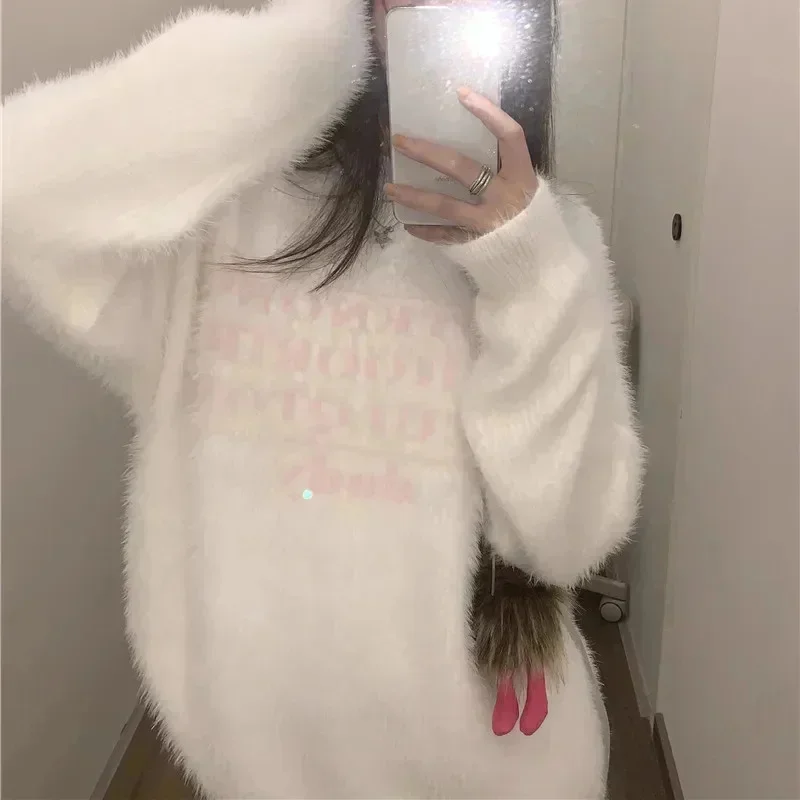 Korean Soft Woolen Sweaters For Women Letter Print Long Sleeve Knitting Pullover Solid Loose Sweaters Casual Plush Top