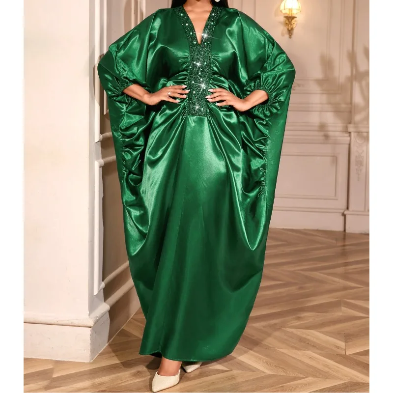 

African Green Dresses for Women Elegant Shiny Boubou Dresses Traditional Africa Long Loose V Neck Party Event Occasion Female