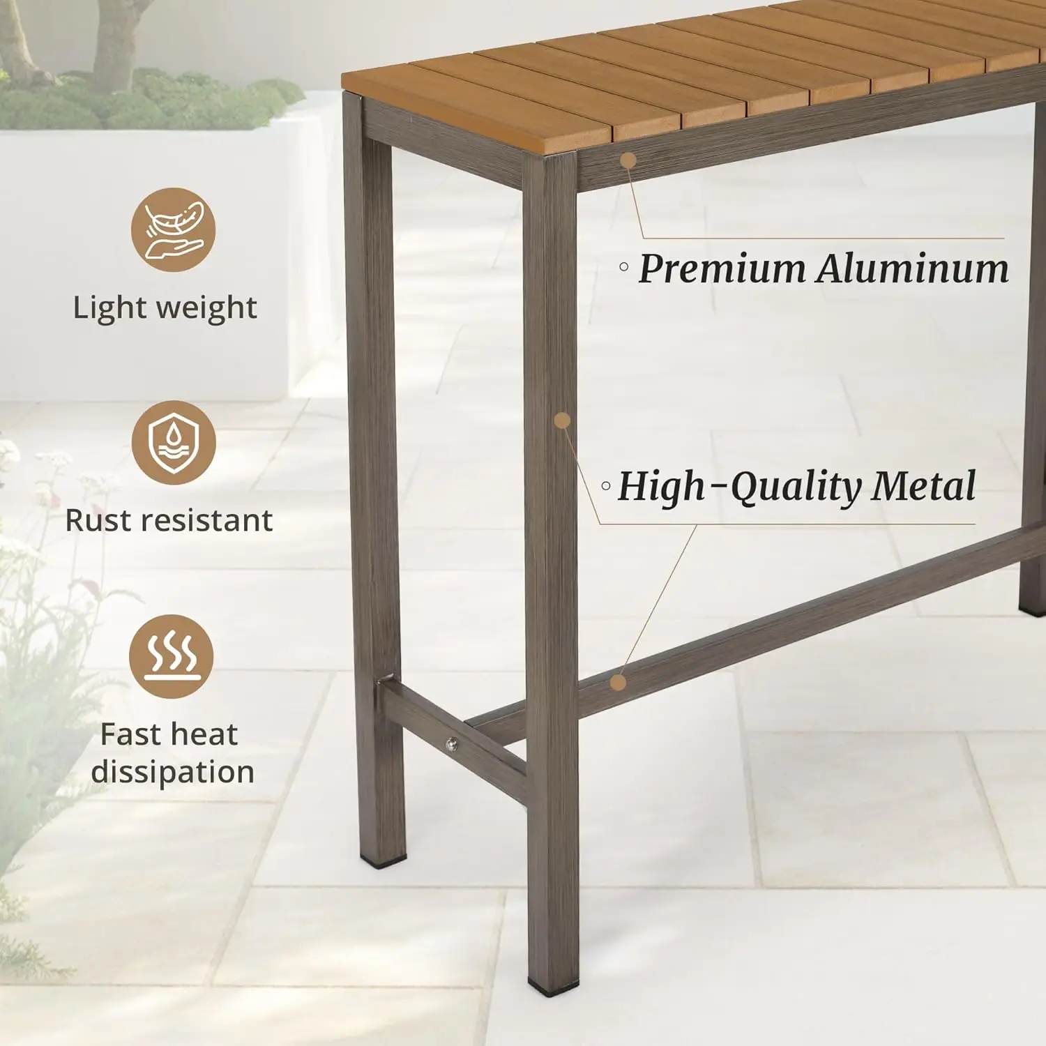 Outdoor Bar Table, 45" Patio Bar Height Counter Table, Weather Resistant, Waterproof HDPS Slatted Top Console Table for Hot Tub