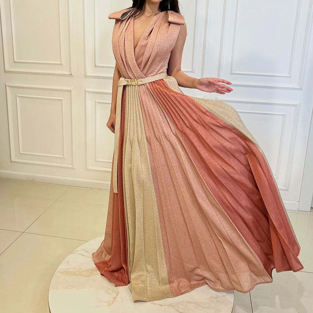 

CustomizedV Neck Sleeveless Straight Dubai Evening Caftan Dress Floor Length Pleats Sweep Train Sahes Fashion Dresses For Formal