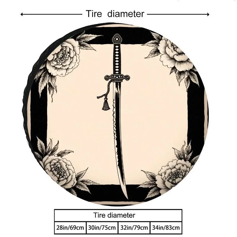 Japanese Ukiyo-e Peony Pattern Samurai Sword Spare Tire Cover, Thickened Polyester Sun And Dust Protection, High-Quality SUV Ca