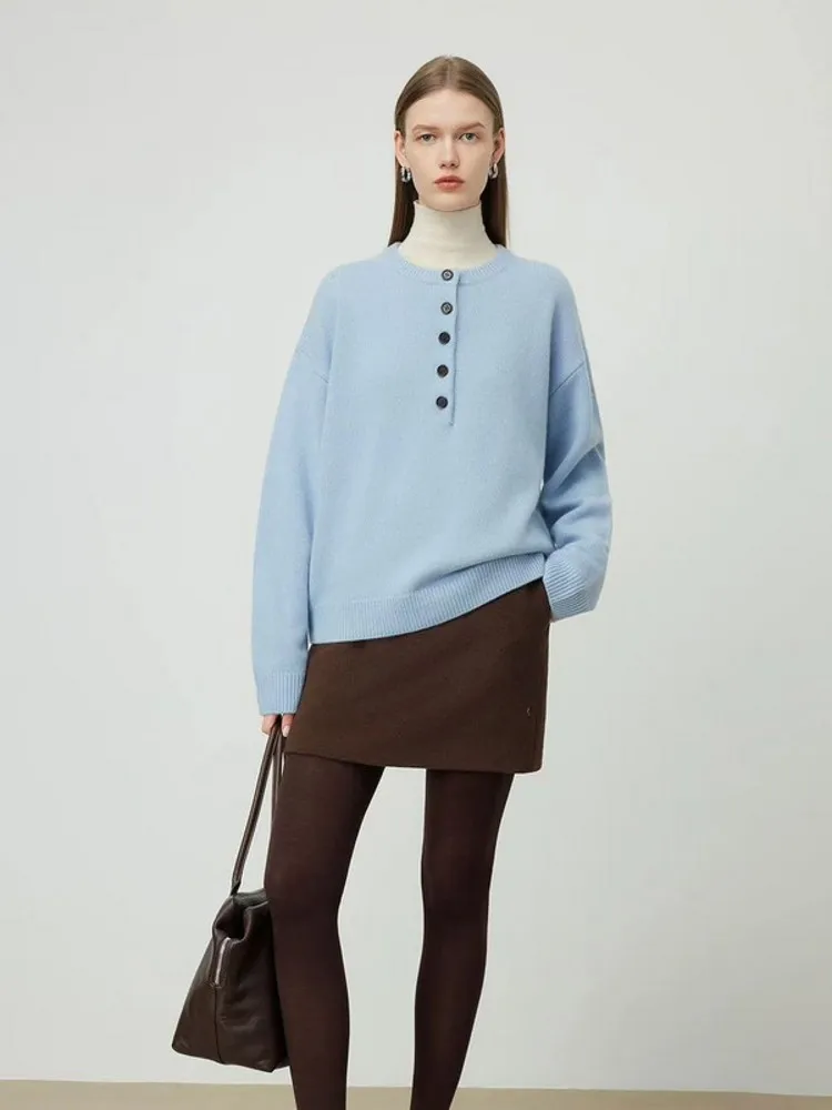 Nouveau Designer femmes 100% laine pull haut col rond boutons coupe ample pull pulls tricoté décontracté Streetwear pull à manches longues