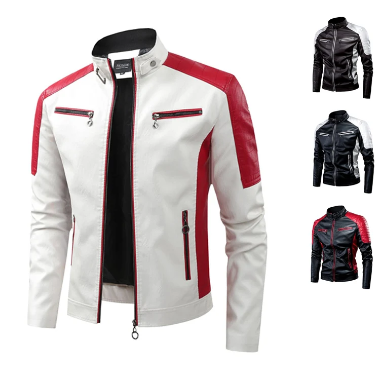

Red And White Color Blo Biker Jaet for Young Men Large Size Racing Driver Stand Collar Leather Jaet Personali Outerwear