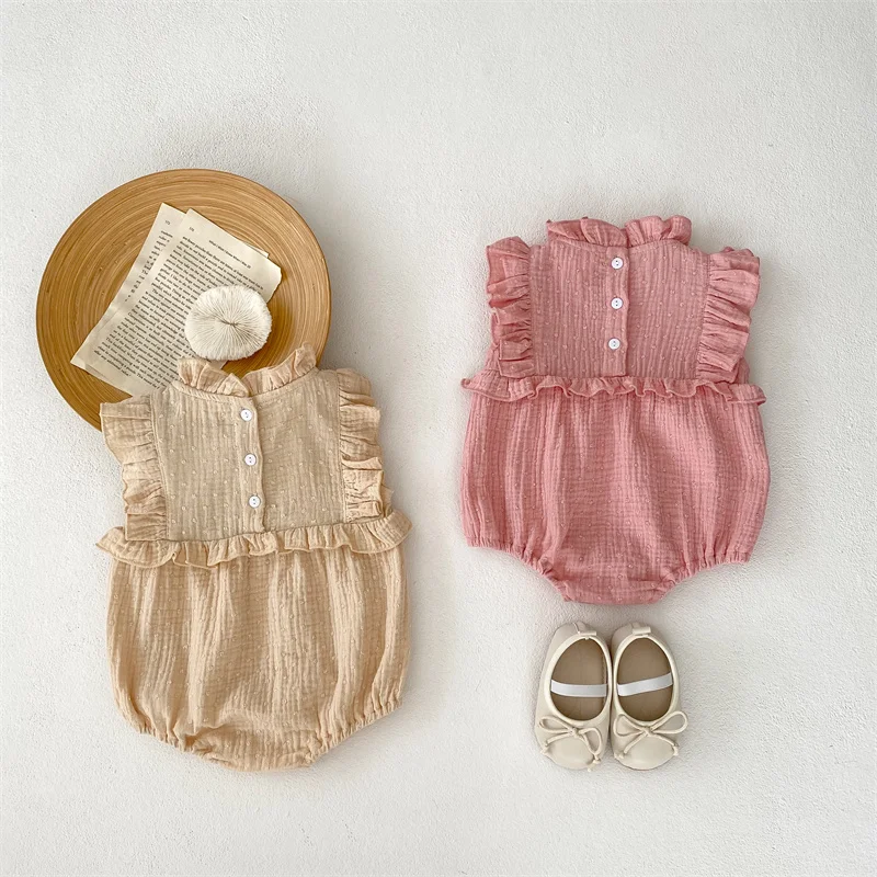 0-24 Months Newborn Romper Baby Girl Plain Soft Bodysuit Ruffles Sleeveless Summer Breathable Romper Toddler Baby Girl Clothing