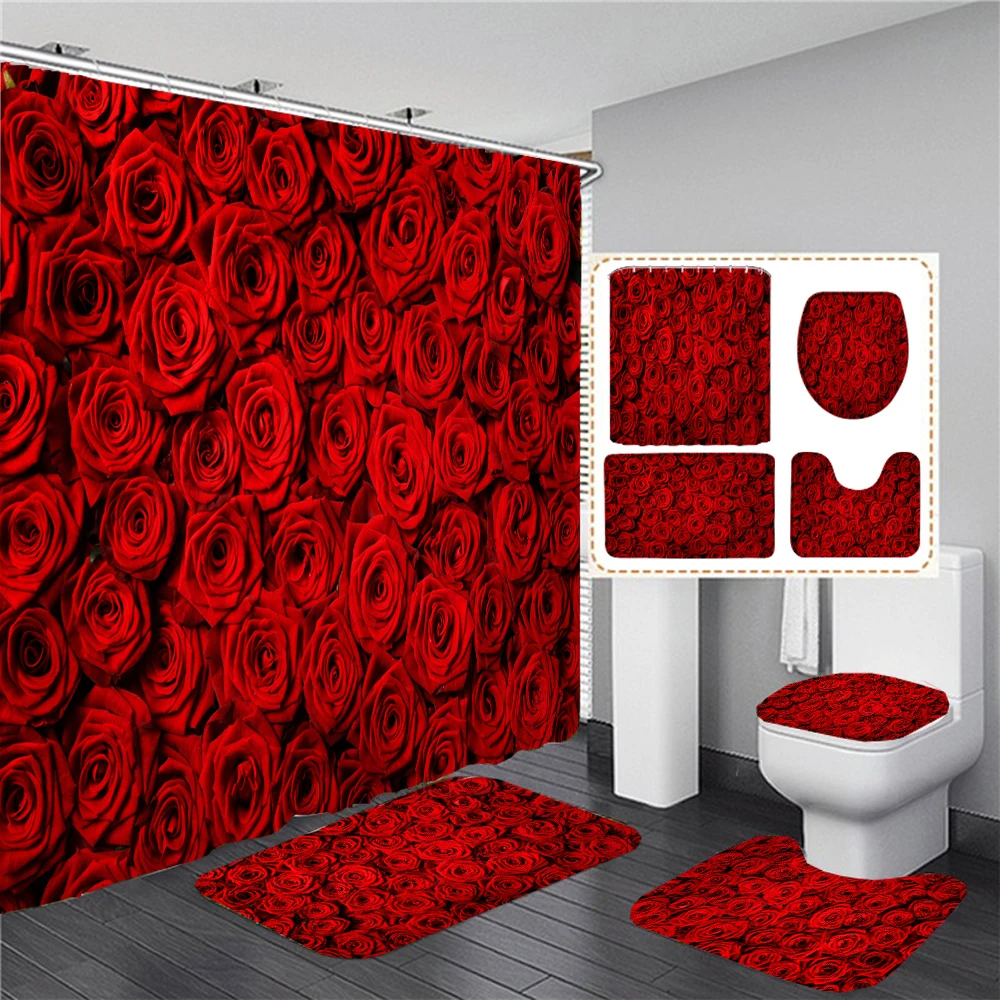 

Valentine's day Flowers Red Rose Shower Curtain Set Waterproof Bathroom Toilet Lid Cover Bath Non-Slip Mat Rug Carpet Bath Decor