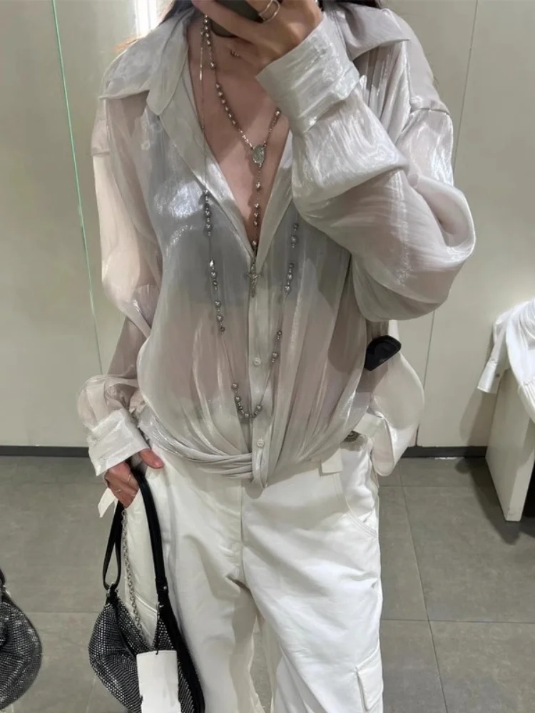 

Silk Satin Feel V-Ne Knot Women's irt Summer New Arrival Premium Quali Loose Fit Long Sve Pure Color