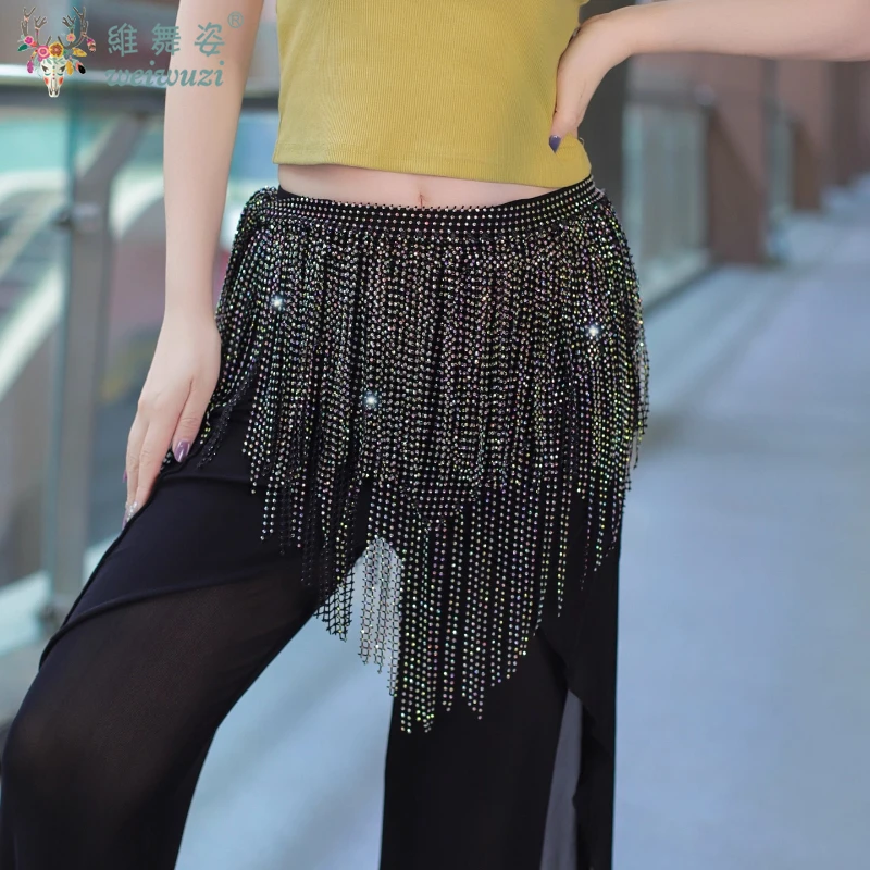 เข็มขัดเต้นรำท้อง เข็มขัดหิน AB ที่มีประกายพู่สามเหลี่ยมผ้าพันคอสะโพกสำหรับผู้หญิงอุปกรณ์เสริมการเต้นรำแบบตะวันออกเข็มขัด