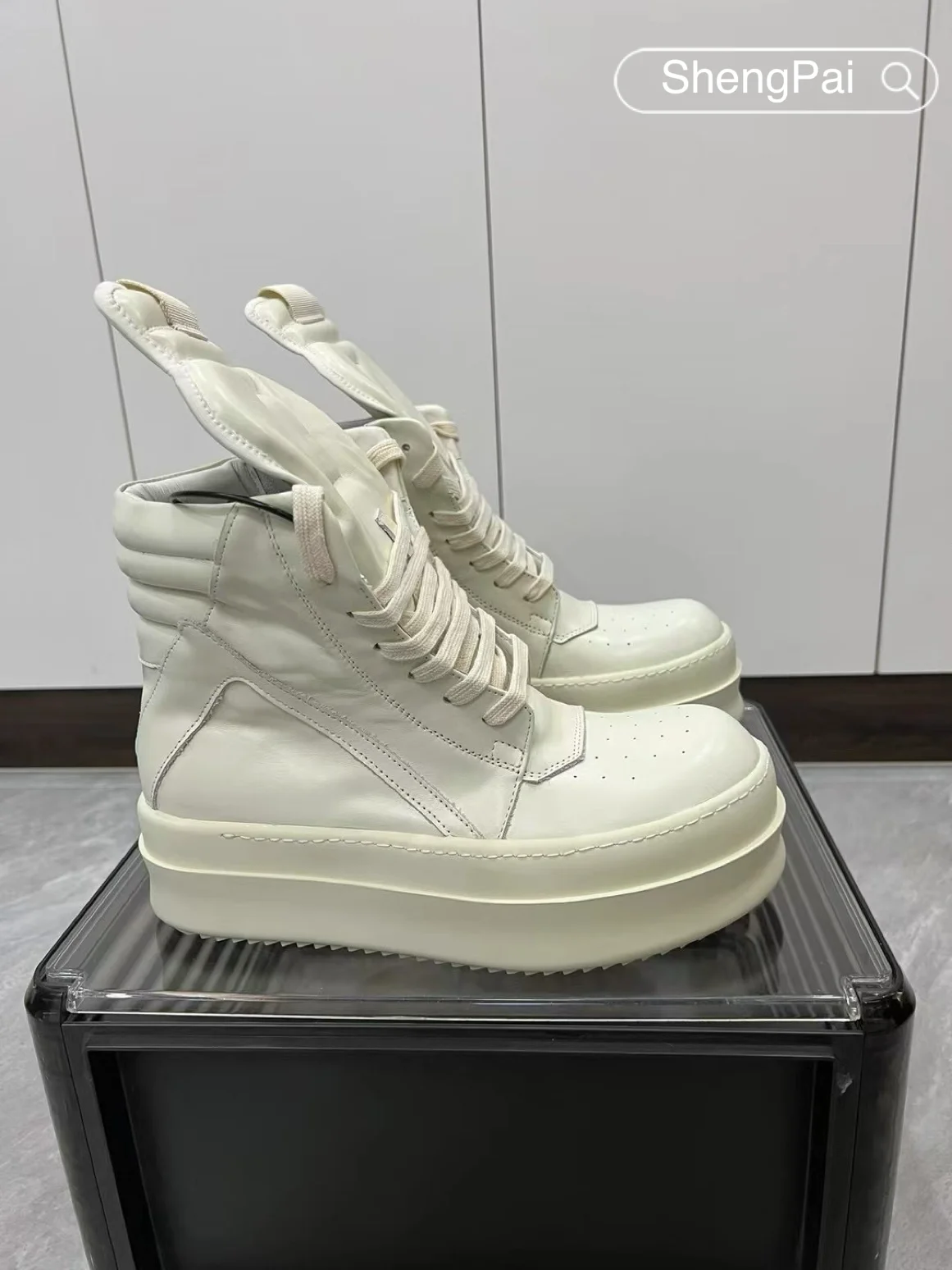 

Men's High Top Genuine Leather Casual Sneakers Ivory Color Chunky Sole Lace Up Shoes with Inverted Triangle Design for Men 2026
