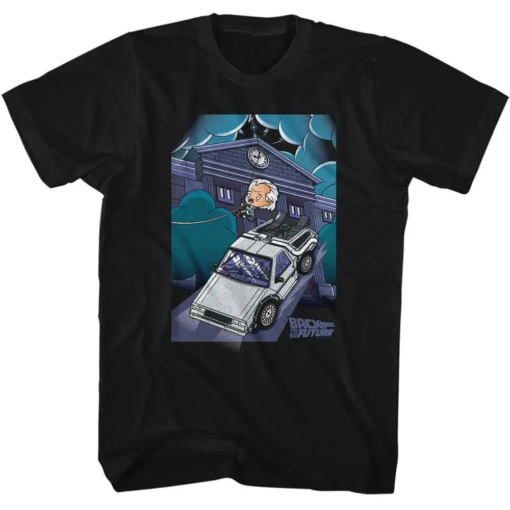 Back To The Future Cute Cartoon Doc And Clock Tower Black T Shirt