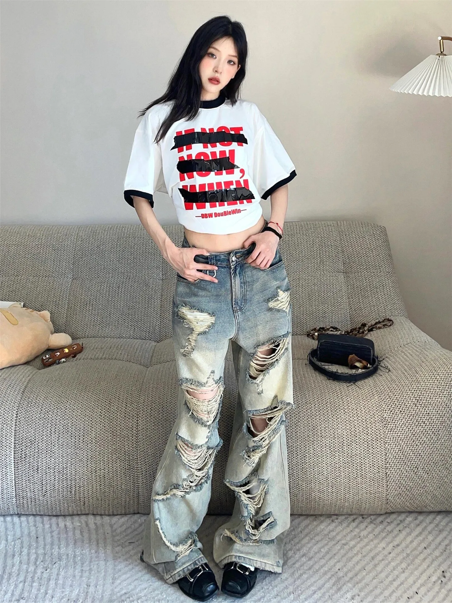 

Tall Women's Loose Fit Long Straight Leg Jeans Summer Slimming Vintage Hot Girl Design Sense Ripped Jeans High Waist Cotton