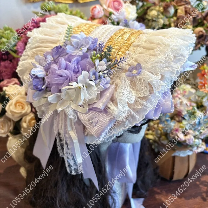 Elegante Sombrero de Paja para Mujer, Gorro para Fiesta del Té con Cinta, Gorra UV de Ala Ancha con Diseño Floral Estilo Cottagecore