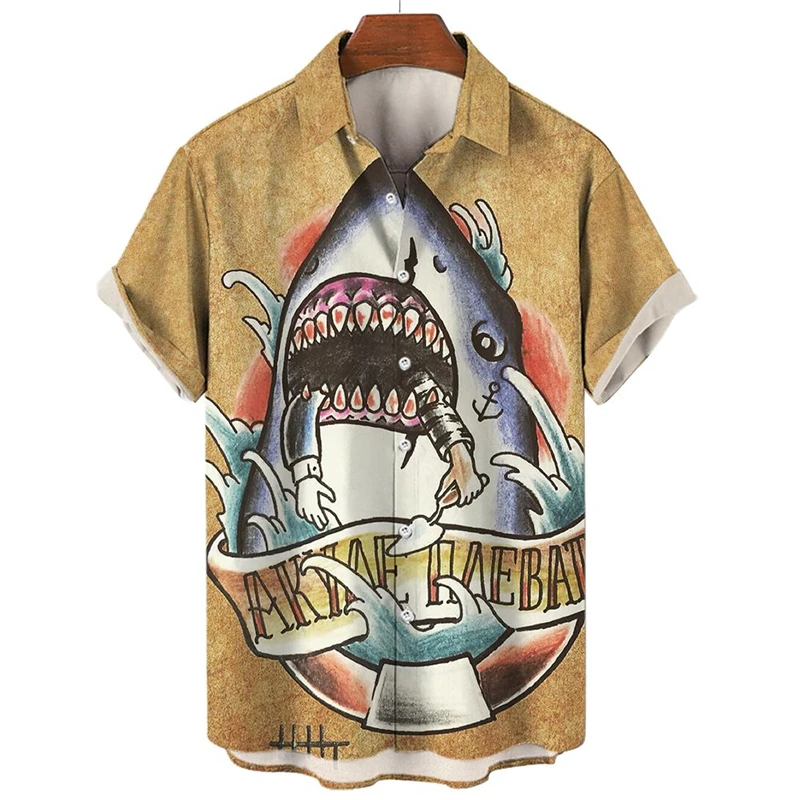 

3D Print Horror Animal Shark Shirts For Men Clothes Fahsion Surfing Shirts & Blouses Vacation Casual Lapel Blouse Y2k Beach Tops