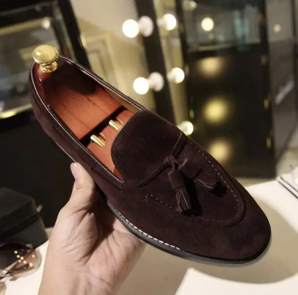 Pure Hand Made Chocolate Apricot Suede Tassel Round Toe Low Top Loafers Men Genuine Leather Slip On Outdoor Flat Casual Shoes