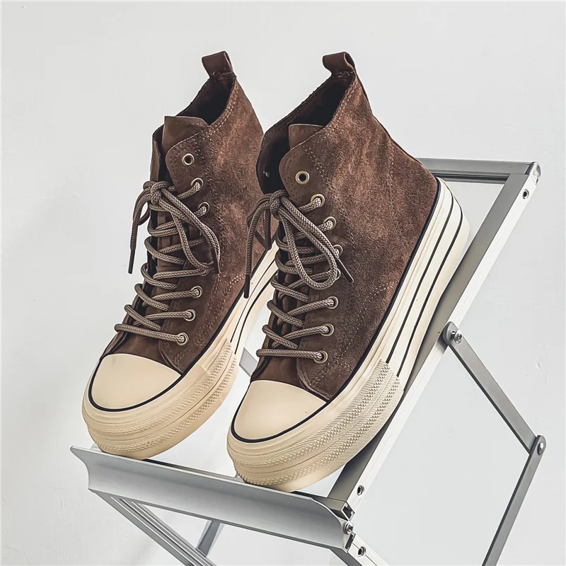 

New Arrivals Fashion Brown Canvas Shoes For Men Platform Non-slip Men Vulcanized Shoes Lace-up Comfortable High Top Sneakers Man