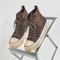 New Arrivals Fashion Brown Canvas Shoes For Men Platform Non-slip Men Vulcanized Shoes Lace-up Comfortable High Top Sneakers Man