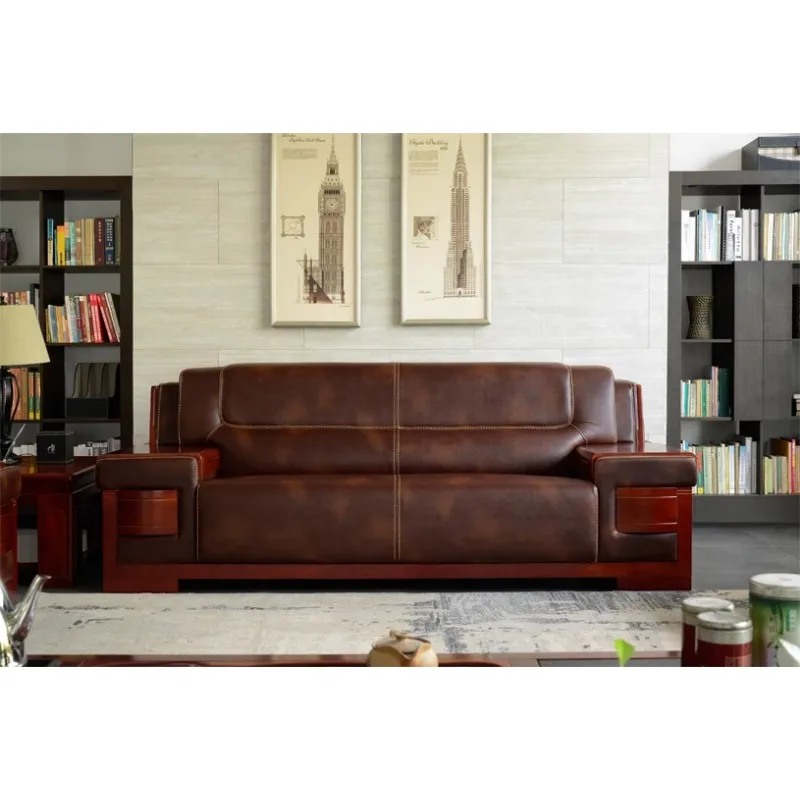 Chinese-style large office sofa, business reception room sofa, leather three-person boss office sofa