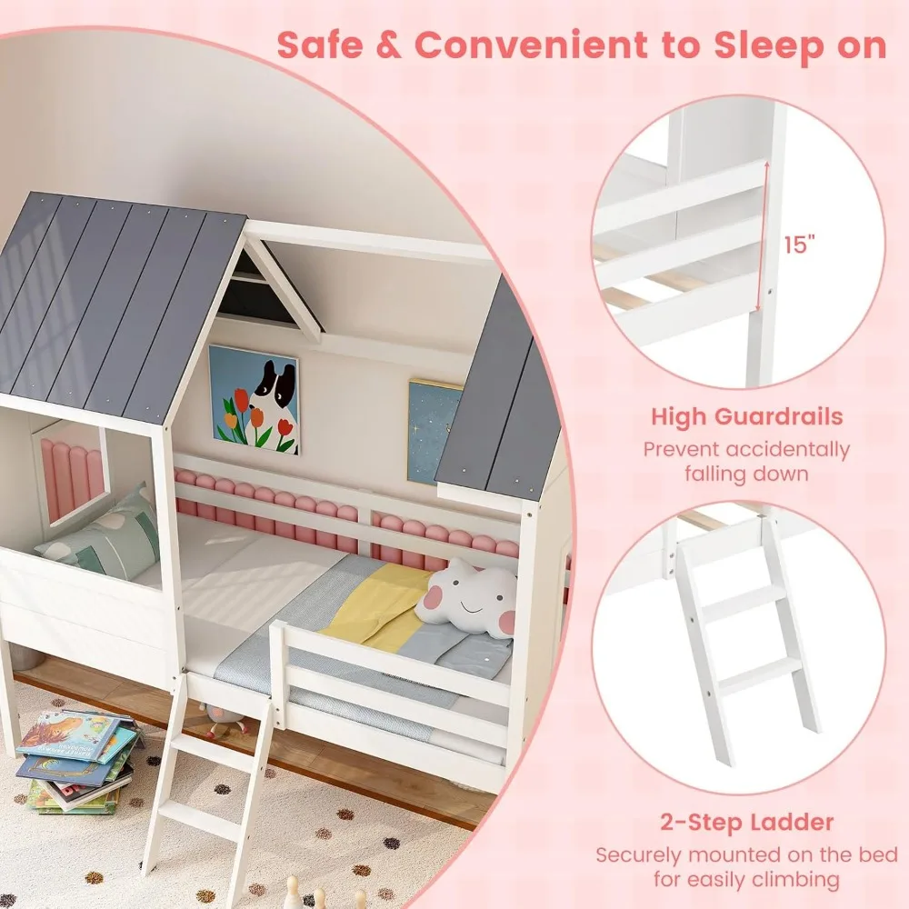 Estrutura de cama de casa dupla, estrutura de cama loft baixa infantil com telhado, janelas laterais e escada, cama de casinha de apoio de ripas de madeira, branco