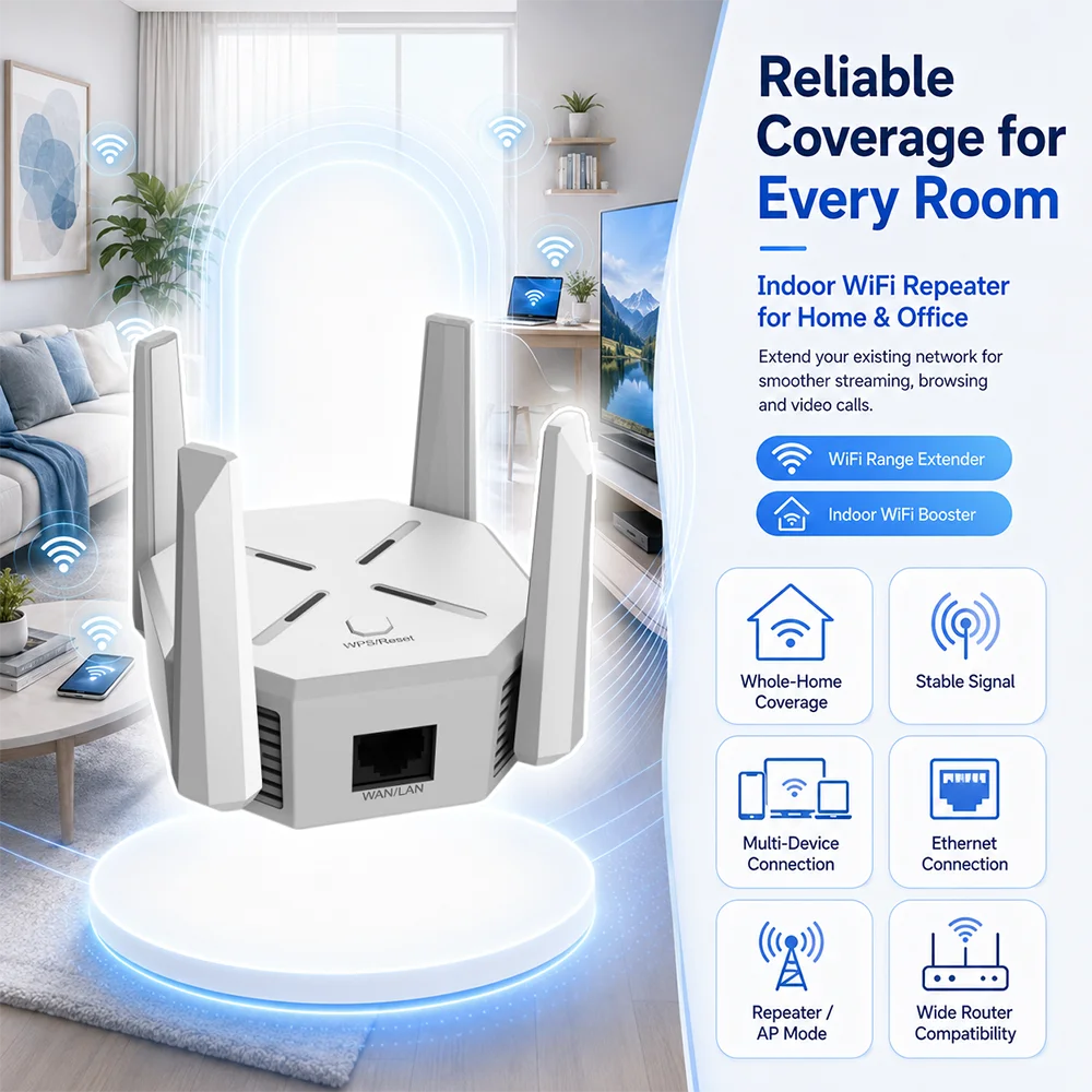 AC1200 Wireless WiFi Repeater WiFi Range Extender 5GHz 2.4GHz Dual Band with 4 Foldable Antennas WPS Function AP Mode LAN Port