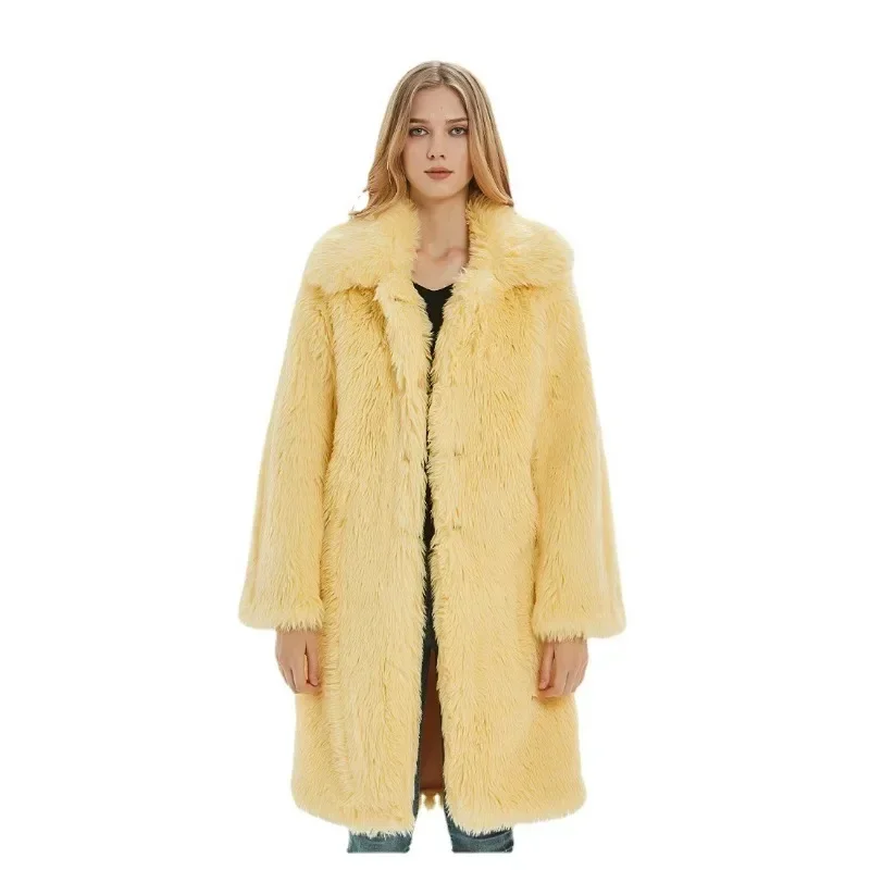 Faux Fur Women Lapel Coat Autumn Winter Plush Warm Long Jacket