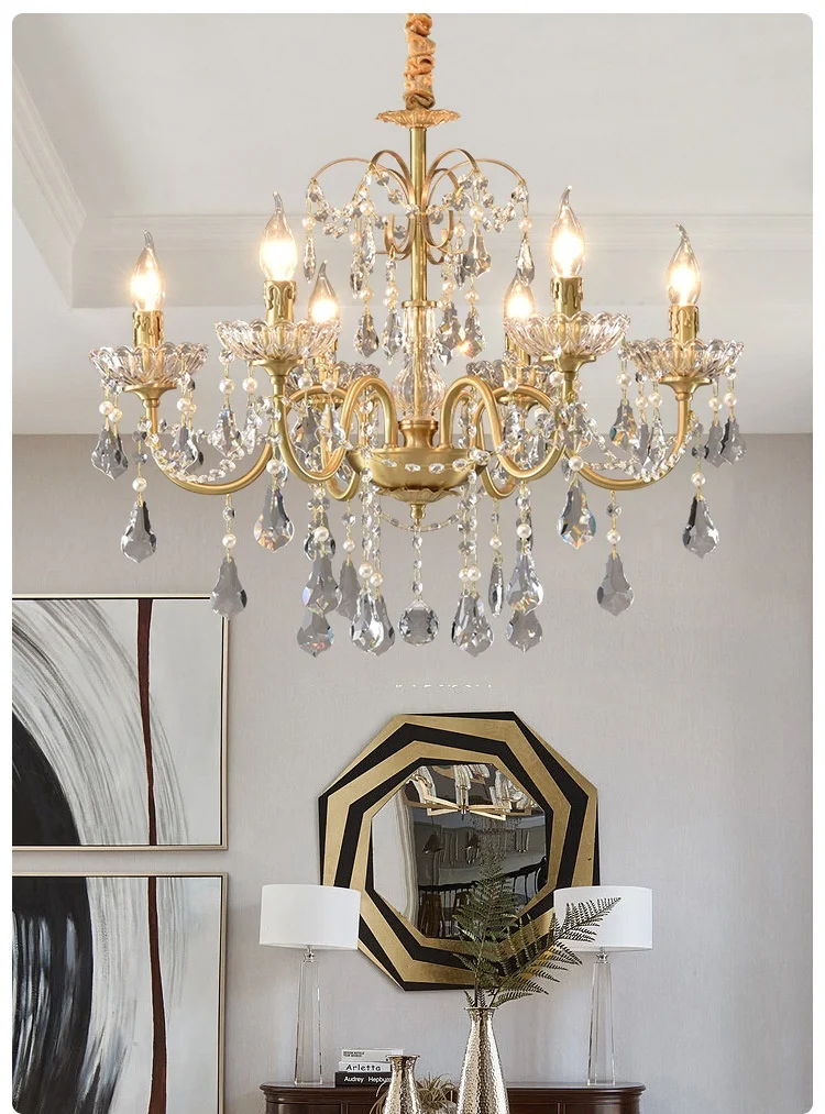 European Crystal E14 Chandelier French Gold Candle Pendant