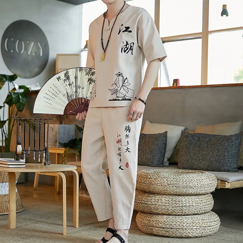 men's fashionable pants and shirts Summer 100% cotton and linen sportswear Men's suit (Shirt+pants )Men's casual set Spring  Men